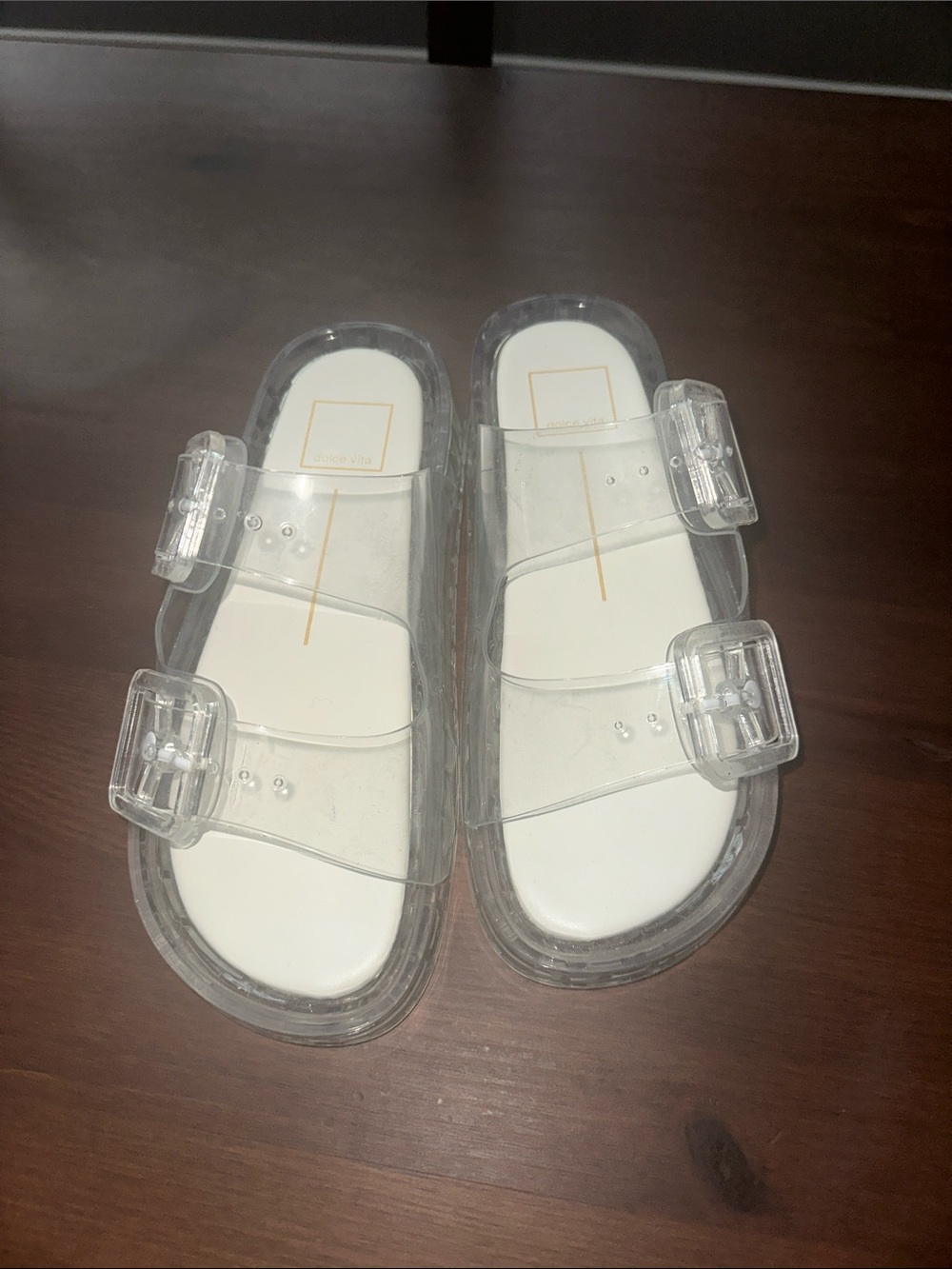 Clear Dolce Vita Jelly size 6 Double Buckle Slide Sandals - White Footbed
